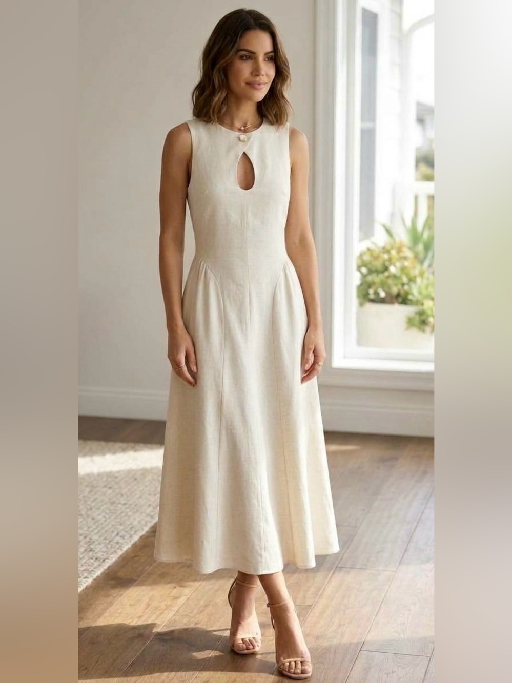 Camila Coelho Cream Linen-Blend Keyhole Midi Dress - Size 2